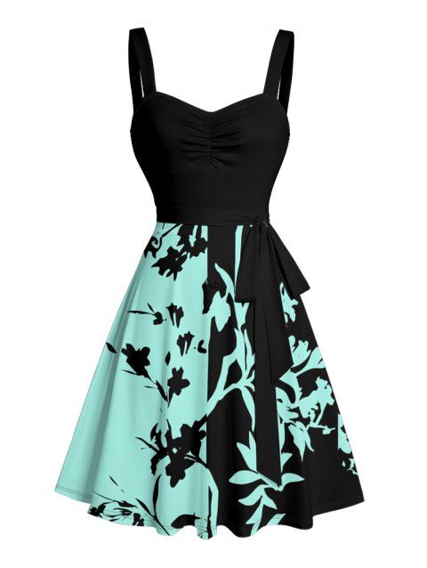 Robe de vacances à motif de feuilles colorblock, buste froncé, col en cœur, ceinture, robe trapèze mini décontractée