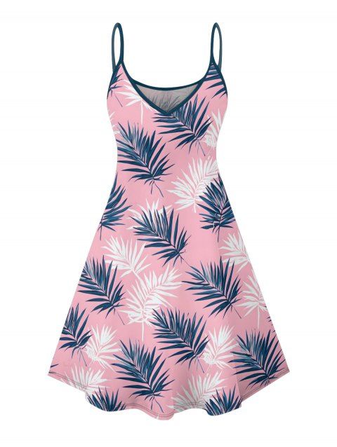 Robe de vacances à motif de feuilles et de plantes, bretelles spaghetti, col en V, coupe trapèze, mini-robe de plage