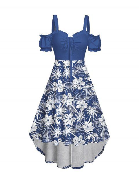 Robe de vacances cintrée à volants et motif floral et feuilles, épaules dénudées, buste froncé, manches courtes, robe de plage mi-longue haute et basse