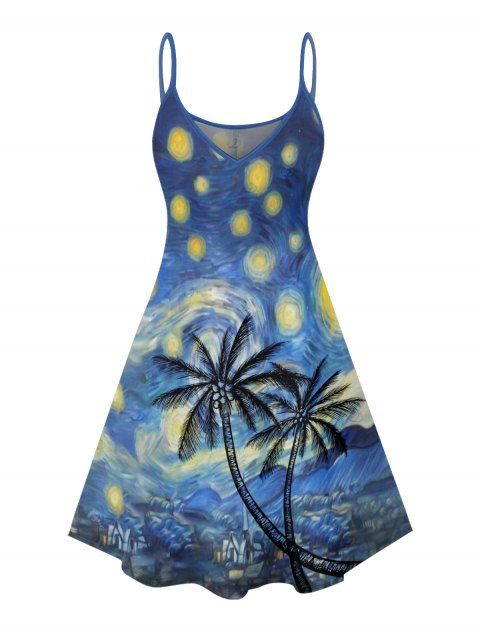 Robe de vacances à motif de peinture artistique de cocotier, bretelles spaghetti, col en V, coupe trapèze, mini, décontractée