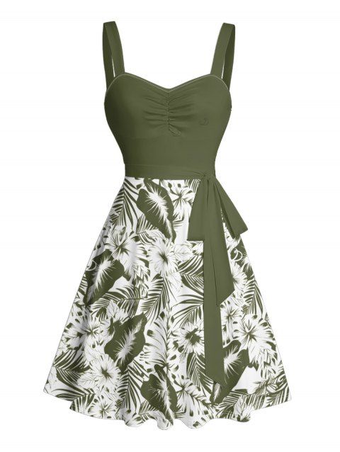 Robe de plage courte à volants et col en cœur, motif floral tropical, avec ceinture et buste froncé