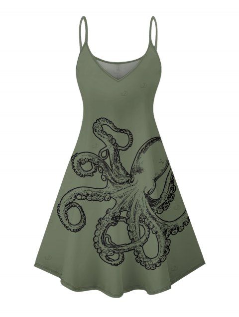 Robe de vacances à imprimé vie marine et motif poulpe, bretelles spaghetti, col en V, coupe trapèze, mini-robe de plage