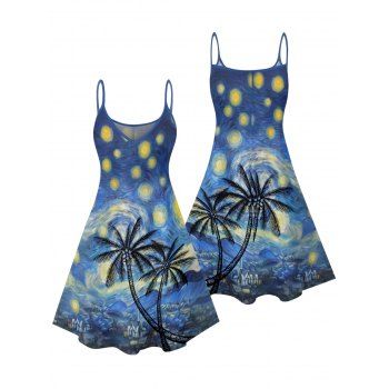 Coconut Tree Art Painting Pattern Vacation Dress Spaghetti Strap V Neck A Line Mini Casual Tank Dress