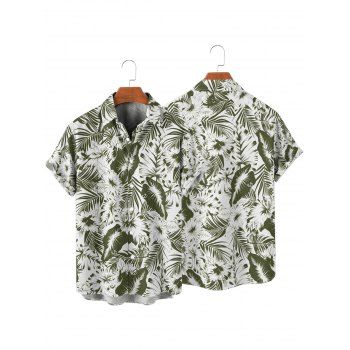 Vacation Couple Outfit Tropical Leaf Flower Pattern Ruched Bust Belt Sweetheart Neck A Line Mini Dress and Button Up Shirt Beach Matching Outfit