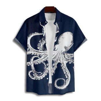 Men's Octopus Pattern Marine Life Print Vacation Shirt Button Up Roll Up Short Sleeve Casual Shirt