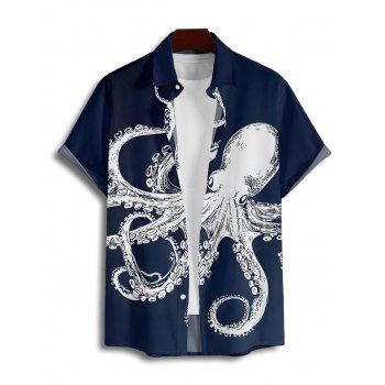 Vacation Couple Outfit Octopus Pattern Marine Life Print Spaghetti Strap Tank Dress and Button Up Shirt Beach Matching Outfit