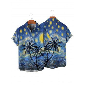 Vacation Couple Outfit Coconut Tree Art Painting Pattern Spaghetti Strap V Neck A Line Mini Tank Dress and Button Up Shirt Casual Matching Outfit