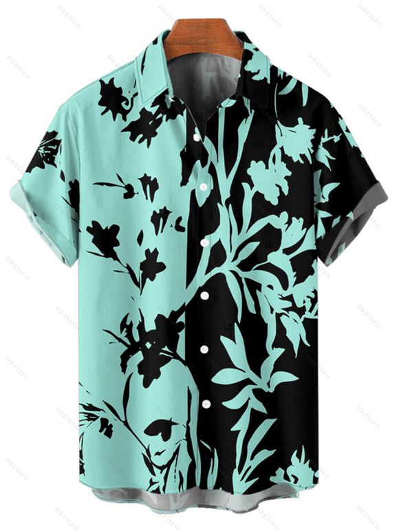 Chemise de vacances à motif de feuilles colorblock pour homme, chemise décontractée à manches courtes et boutons retroussables - Vert 5XL