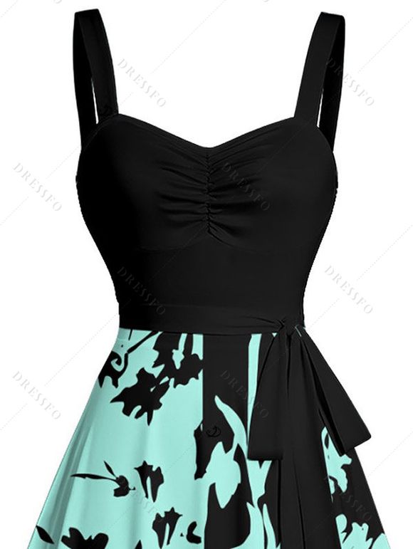 Robe de vacances à motif de feuilles colorblock, buste froncé, col en cœur, ceinture, robe trapèze mini décontractée - Vert XXL | US 14