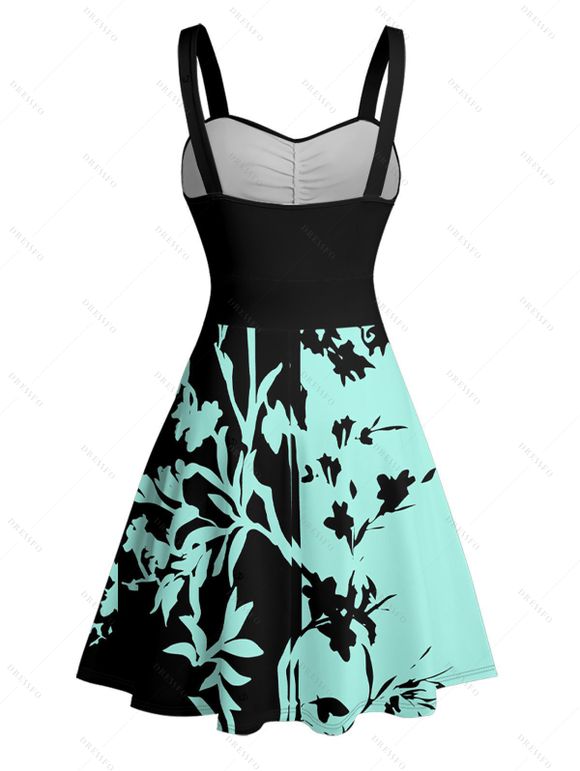 Robe de vacances à motif de feuilles colorblock, buste froncé, col en cœur, ceinture, robe trapèze mini décontractée - Vert XXL | US 14