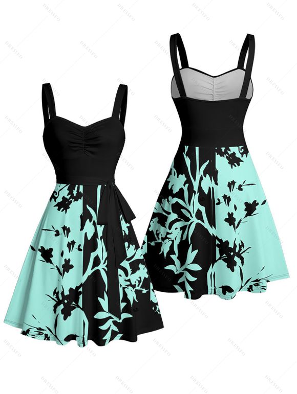 Robe de vacances à motif de feuilles colorblock, buste froncé, col en cœur, ceinture, robe trapèze mini décontractée - Vert XXL | US 14