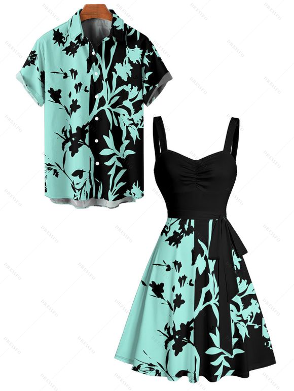 Vacation Couple Outfit Colorblock Leaf Pattern Ruched Bust Belt Dress and Roll Up Sleeve Shirt Casual Matching Outfit - Noir S | US 4