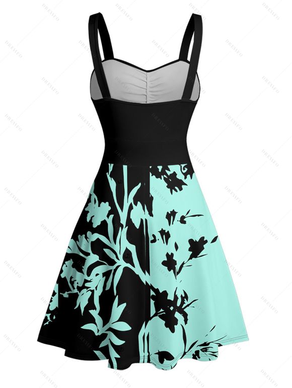 Vacation Couple Outfit Colorblock Leaf Pattern Ruched Bust Belt Dress and Roll Up Sleeve Shirt Casual Matching Outfit - Noir S | US 4