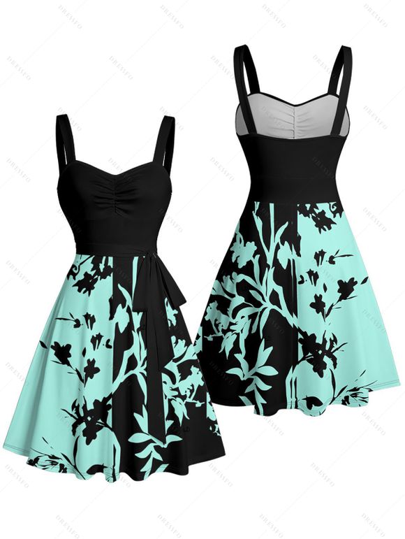 Vacation Couple Outfit Colorblock Leaf Pattern Ruched Bust Belt Dress and Roll Up Sleeve Shirt Casual Matching Outfit - Noir S | US 4