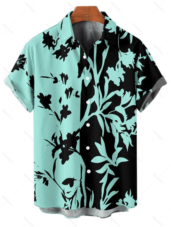 Vacation Couple Outfit Colorblock Leaf Pattern Ruched Bust Belt Dress and Roll Up Sleeve Shirt Casual Matching Outfit - Noir S | US 4