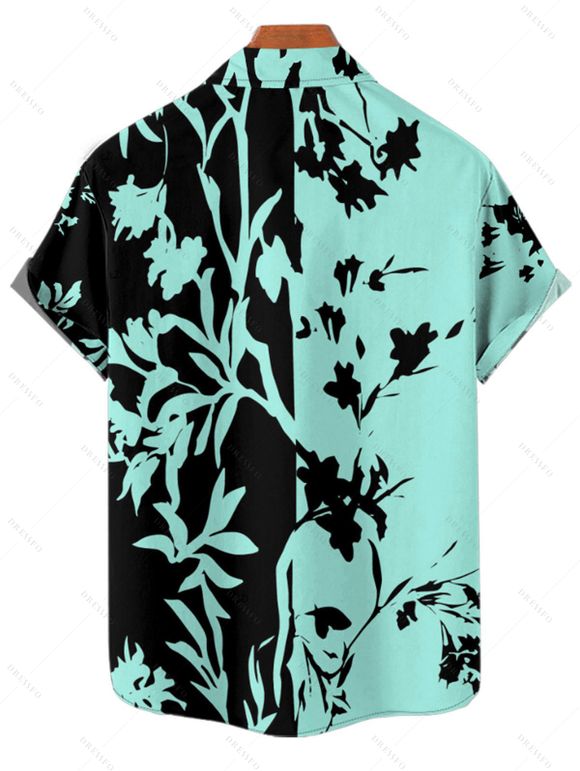 Vacation Couple Outfit Colorblock Leaf Pattern Ruched Bust Belt Dress and Roll Up Sleeve Shirt Casual Matching Outfit - Noir S | US 4