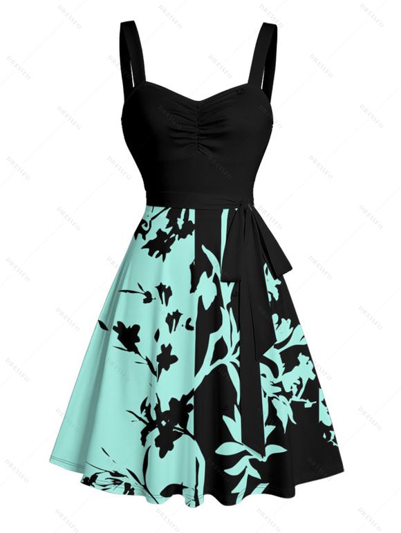 Vacation Couple Outfit Colorblock Leaf Pattern Ruched Bust Belt Dress and Roll Up Sleeve Shirt Casual Matching Outfit - Noir S | US 4