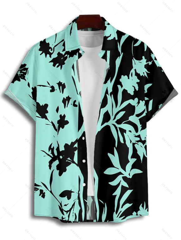 Vacation Couple Outfit Colorblock Leaf Pattern Ruched Bust Belt Dress and Roll Up Sleeve Shirt Casual Matching Outfit - Noir S | US 4