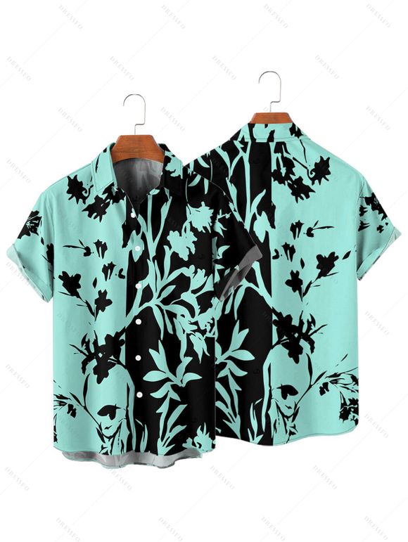 Vacation Couple Outfit Colorblock Leaf Pattern Ruched Bust Belt Dress and Roll Up Sleeve Shirt Casual Matching Outfit - Noir S | US 4