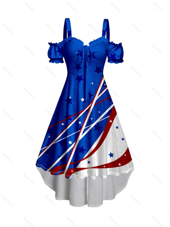 Robe patriotique mi-longue à volants et imprimé étoiles, motif drapeau américain, épaules dénudées, buste froncé, manches courtes, coupe haute et basse - Bleu XXL | US 14