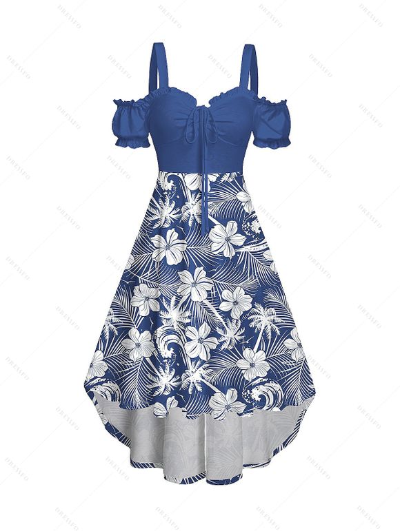 Robe de vacances cintrée à volants et motif floral et feuilles, épaules dénudées, buste froncé, manches courtes, robe de plage mi-longue haute et basse - Vert clair XXL | US 14