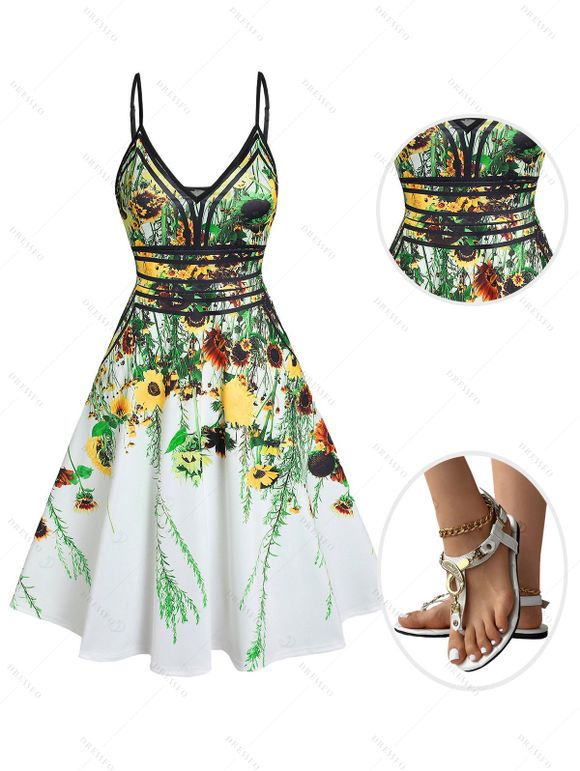 Vacation Women Outfit Floral Leaf Printed Flare A Line Slip Mini Dress and Rhinestone Decor Toe Post Flip Flop Two Piece Set - Vert clair S | US 4