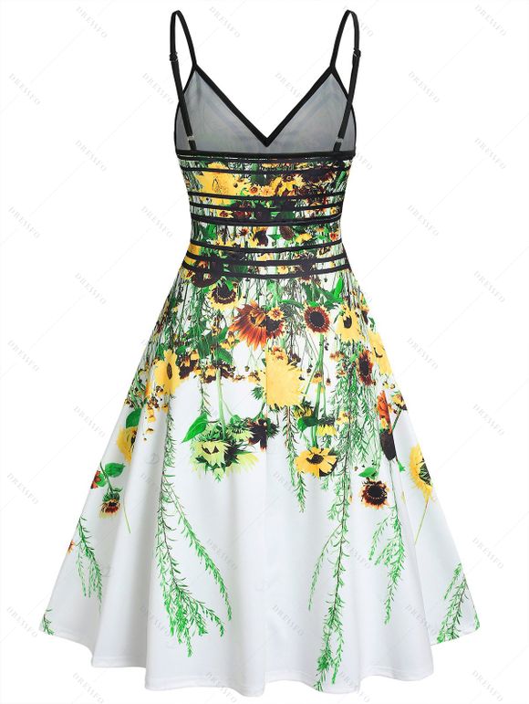 Vacation Women Outfit Floral Leaf Printed Flare A Line Slip Mini Dress and Rhinestone Decor Toe Post Flip Flop Two Piece Set - Vert clair S | US 4