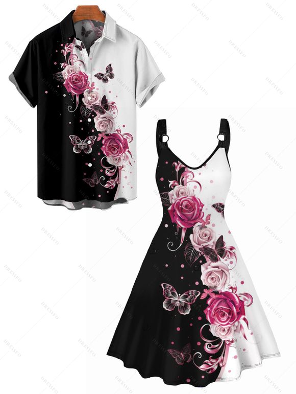 Vacation Couple Outfit Contrast Butterfly Rose Print V Neck O Ring Straps A Line Tank Dress and Button Up Shirt Casual Matching Outfit - Noir S | US 4