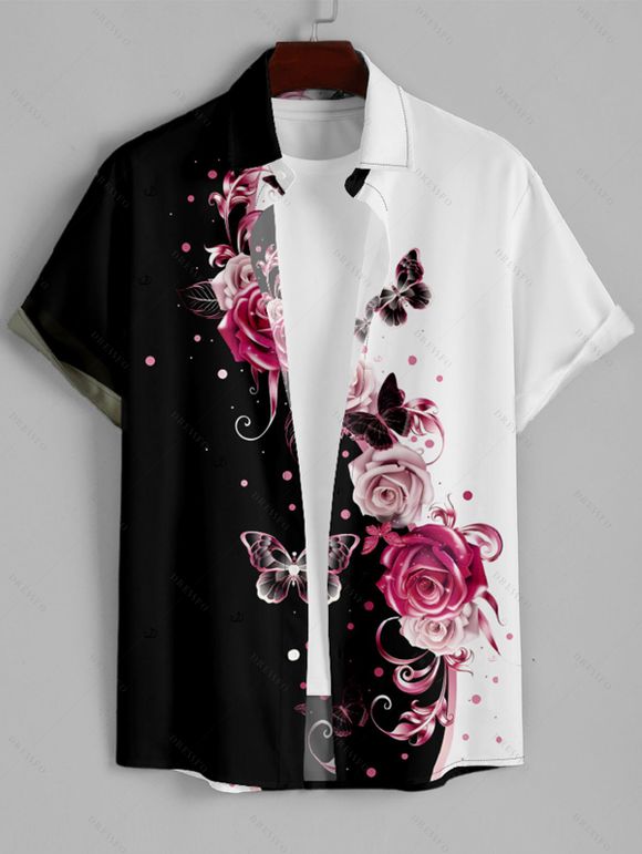 Vacation Couple Outfit Contrast Butterfly Rose Print V Neck O Ring Straps A Line Tank Dress and Button Up Shirt Casual Matching Outfit - Noir S | US 4