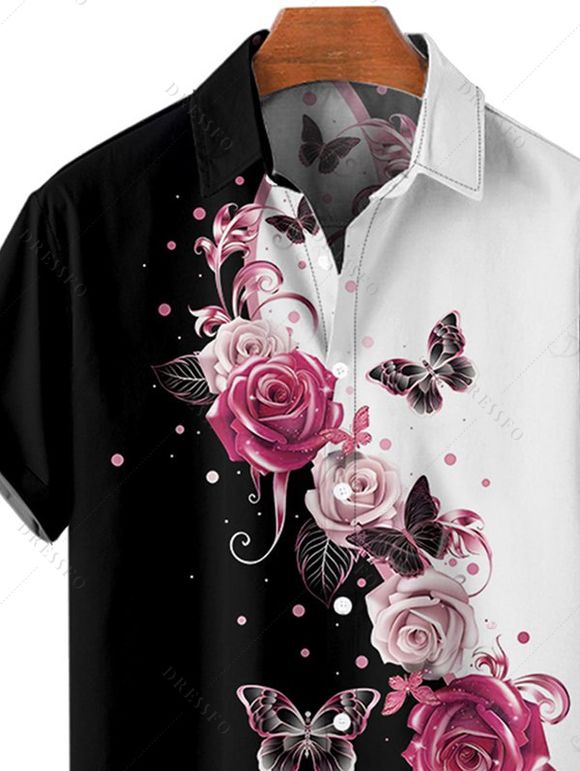 Vacation Couple Outfit Contrast Butterfly Rose Print V Neck O Ring Straps A Line Tank Dress and Button Up Shirt Casual Matching Outfit - Noir S | US 4