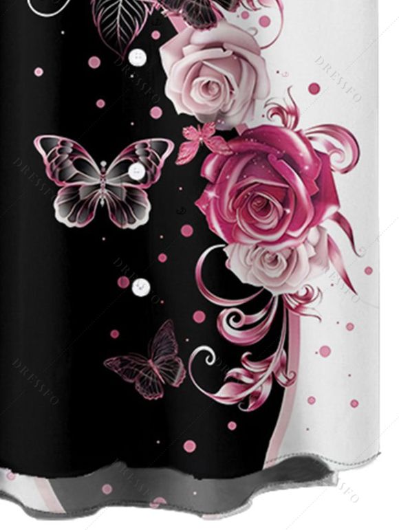 Vacation Couple Outfit Contrast Butterfly Rose Print V Neck O Ring Straps A Line Tank Dress and Button Up Shirt Casual Matching Outfit - Noir S | US 4