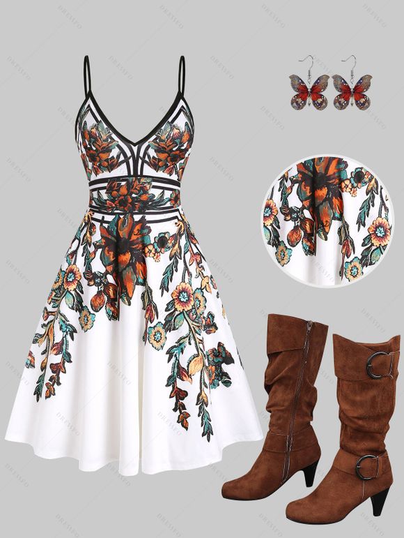 Vacation Women Outfit Floral Leaf Printed Flare A Line Slip Mini Dress and Glitter Sequins Butterfly Earrings Mid-Calf Suede Belt Buckle Boots Set - Blanc S | US 4