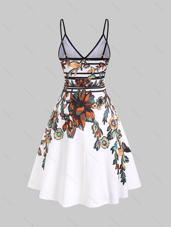 Vacation Women Outfit Floral Leaf Printed Flare A Line Slip Mini Dress and Glitter Sequins Butterfly Earrings Mid-Calf Suede Belt Buckle Boots Set - Blanc S | US 4