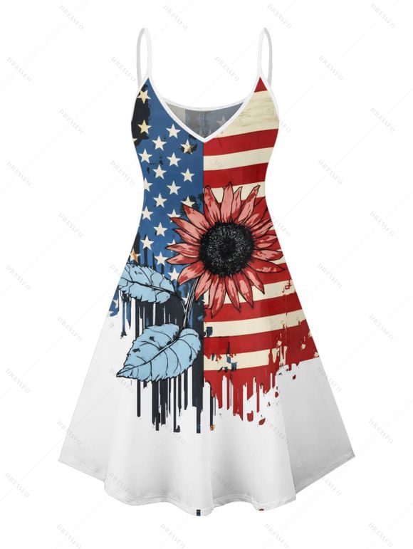 Robe de fête de l'indépendance à motif de feuille de tournesol et drapeau américain, bretelles spaghetti, col en V, coupe trapèze, mini-robe débardeur patriotique - multicolor A XXXXXL | US 20