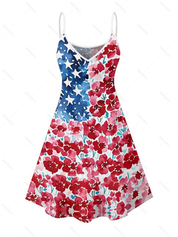 Robe à motif floral et étoiles, motif drapeau américain, tenue de fête de l'indépendance, bretelles spaghetti, col en V, coupe trapèze, mini-robe débardeur patriotique - multicolor A XXXXXL | US 20