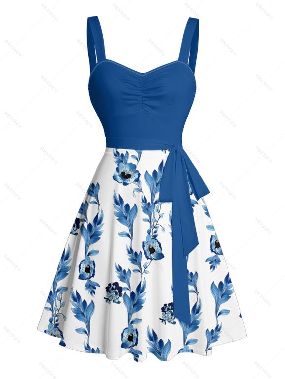 Robe de vacances à motif de feuilles de fleurs, buste froncé, ceinture, col en cœur, mini robe de plage trapèze - Bleu profond XXXXXL | US 20