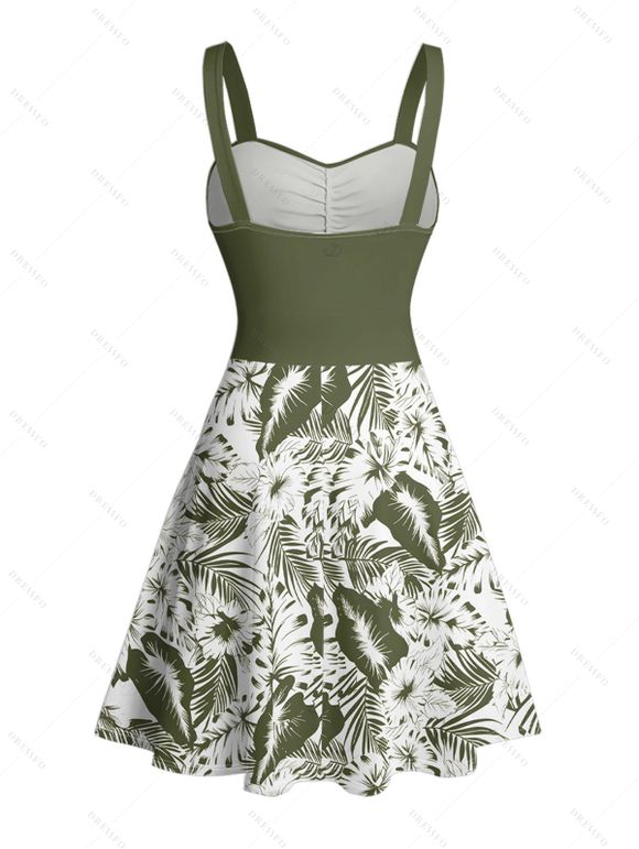 Robe de plage courte à volants et col en cœur, motif floral tropical, avec ceinture et buste froncé - Vert profond XL | US 12