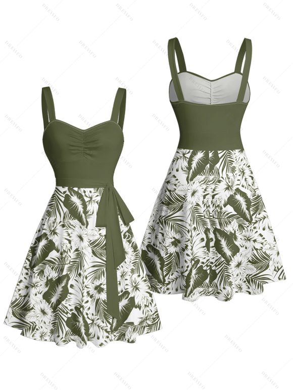Robe de plage courte à volants et col en cœur, motif floral tropical, avec ceinture et buste froncé - Vert profond XL | US 12