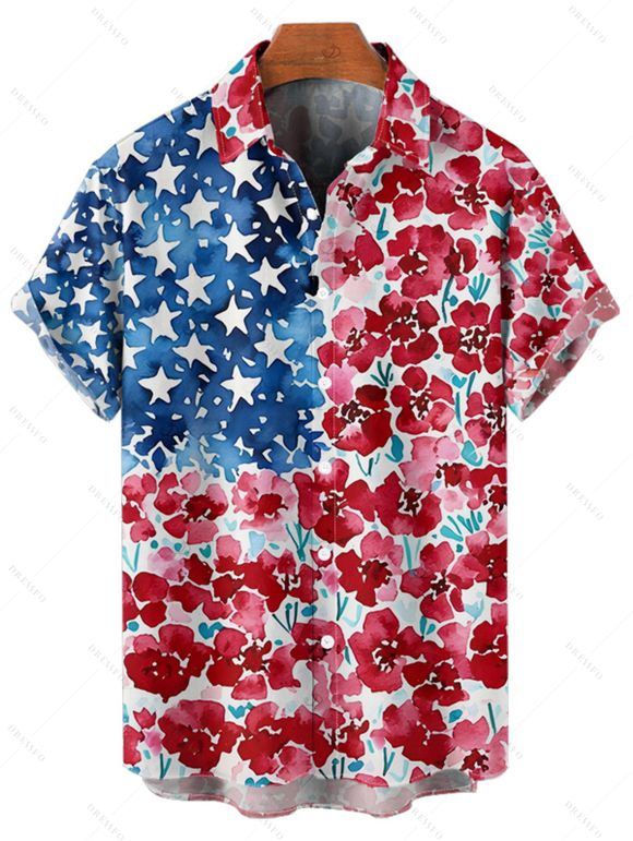 Chemise à manches courtes et boutons pour homme, motif floral et étoiles, motif drapeau américain, motif patriotique, jour de l'indépendance - multicolor A 5XL
