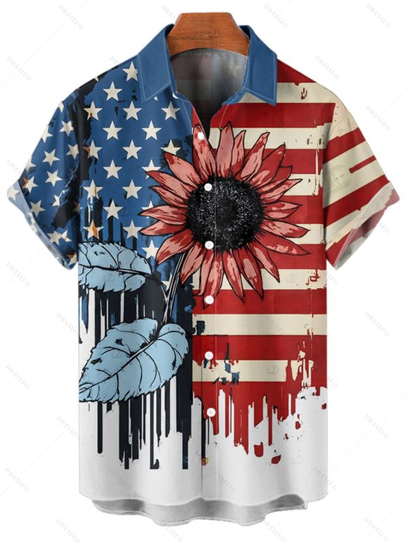 Chemise patriotique à manches courtes et boutons pour homme, motif drapeau américain, motif feuille de tournesol, jour de l'indépendance - multicolor A 5XL