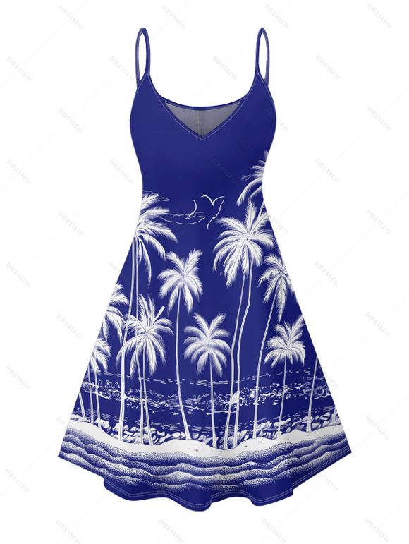 Robe de vacances à motif cocotier et mer, bretelles spaghetti, col en V, coupe trapèze, mini-robe de plage - Bleu profond S | US 4
