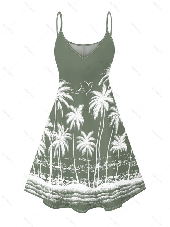 Robe de vacances à motif cocotier et mer, bretelles spaghetti, col en V, coupe trapèze, mini-robe de plage - Vert clair XXXXXL | US 20