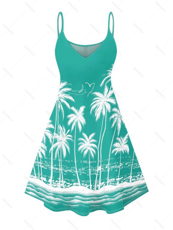 Robe de vacances à motif cocotier et mer, bretelles spaghetti, col en V, coupe trapèze, mini-robe de plage - Vert XXXXXL | US 20