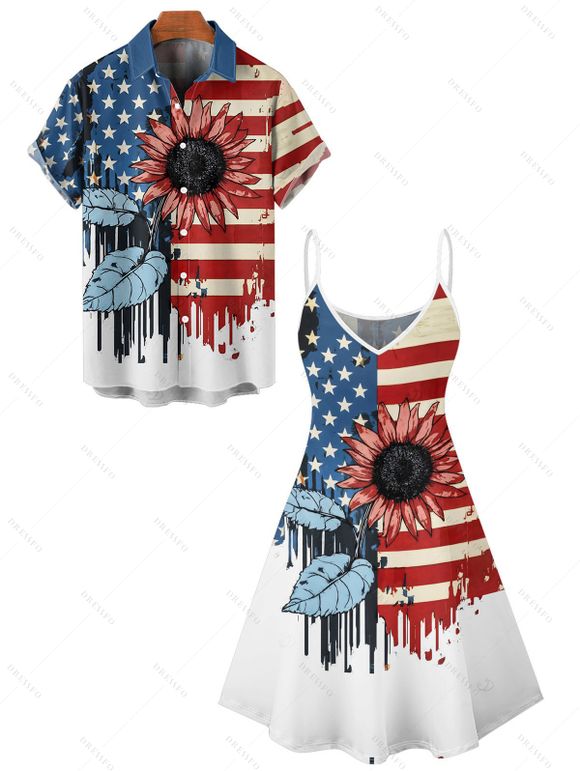 Independence Day Couple Outfit Sunflower Leaf American Flag Pattern Spaghetti Strap V Neck A Line Mini Tank Dress and Button Up Shirt Patriotic Matching Outfit - multicolor A S | US 4