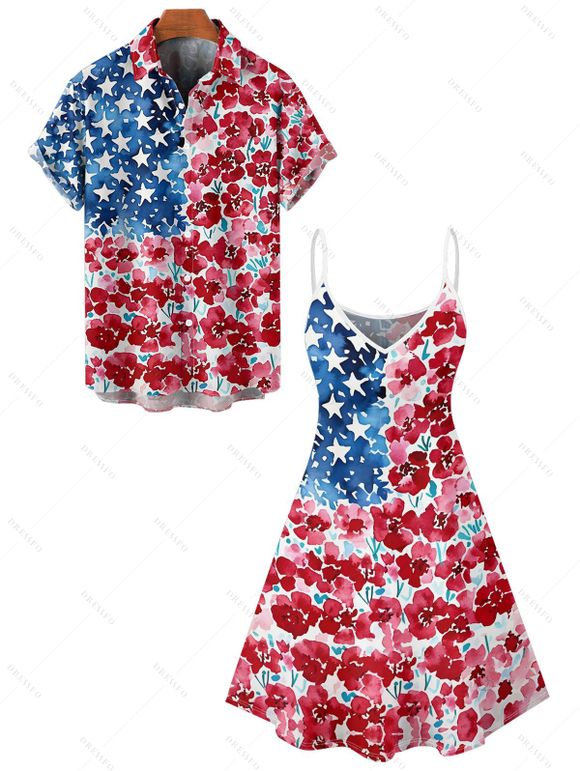 Independence Day Couple Outfit Floral Star Pattern American Flag Elements Spaghetti Strap Tank Dress and Button Up Shirt Patriotic Matching Outfit - multicolor A S | US 4