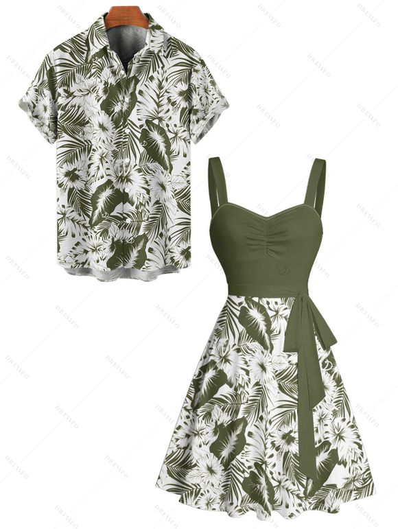 Vacation Couple Outfit Tropical Leaf Flower Pattern Ruched Bust Belt Sweetheart Neck A Line Mini Dress and Button Up Shirt Beach Matching Outfit - Vert profond S | US 4