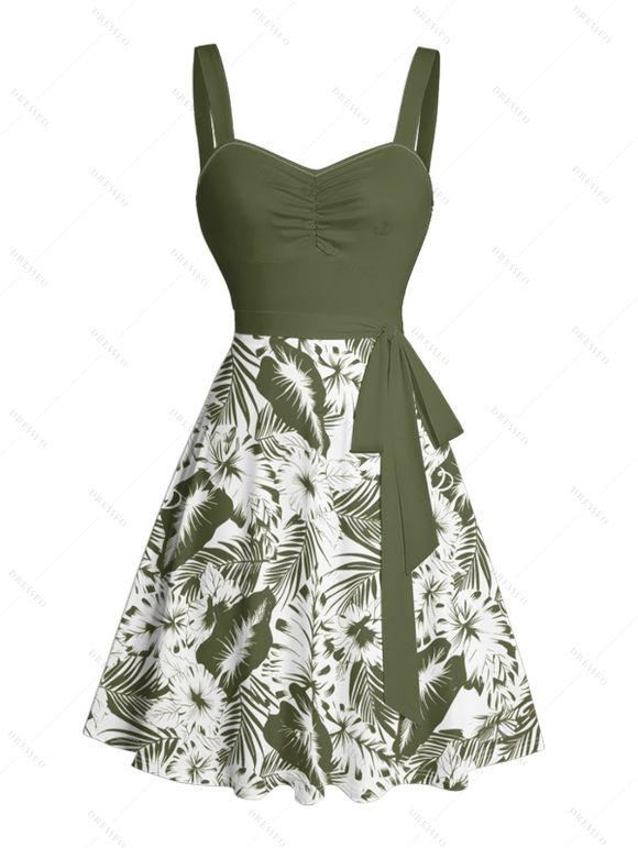 Vacation Couple Outfit Tropical Leaf Flower Pattern Ruched Bust Belt Sweetheart Neck A Line Mini Dress and Button Up Shirt Beach Matching Outfit - Vert profond S | US 4