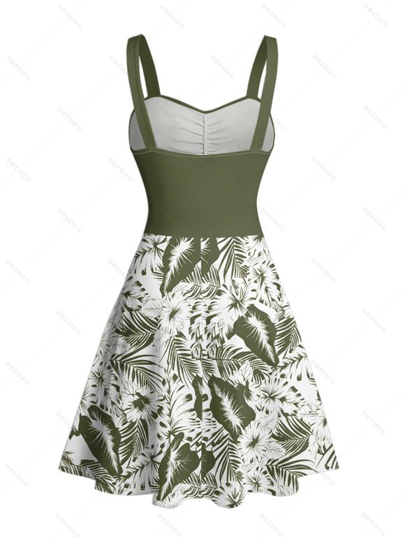 Vacation Couple Outfit Tropical Leaf Flower Pattern Ruched Bust Belt Sweetheart Neck A Line Mini Dress and Button Up Shirt Beach Matching Outfit - Vert profond S | US 4