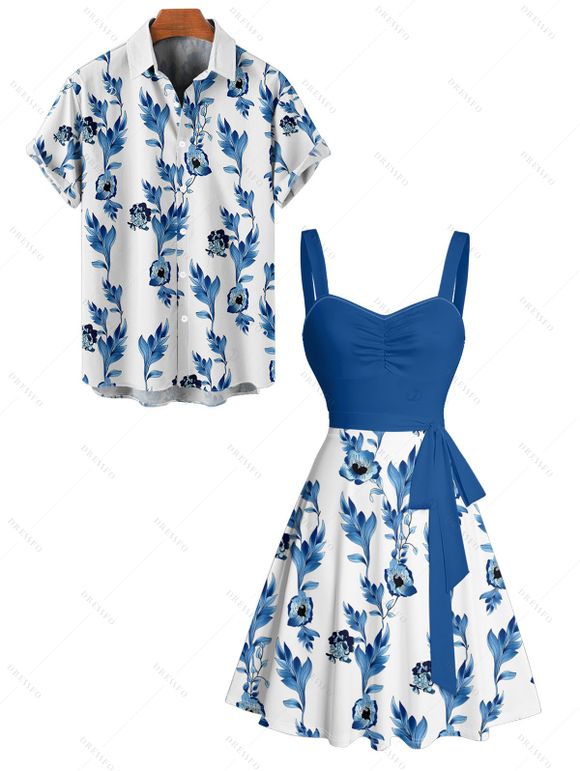 Vacation Couple Outfit Flower Leaf Pattern Ruched Bust Belt Sweetheart Neck A Line Mini Dress and Button Up Shirt Beach Matching Outfit - Bleu S | US 4