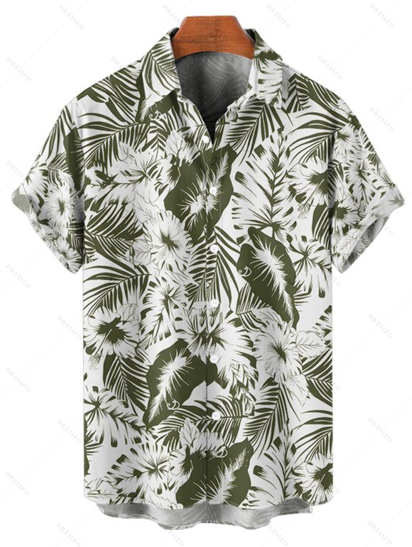 Vacation Couple Outfit Tropical Leaf Flower Pattern Ruched Bust Belt Sweetheart Neck A Line Mini Dress and Button Up Shirt Beach Matching Outfit - Vert profond S | US 4